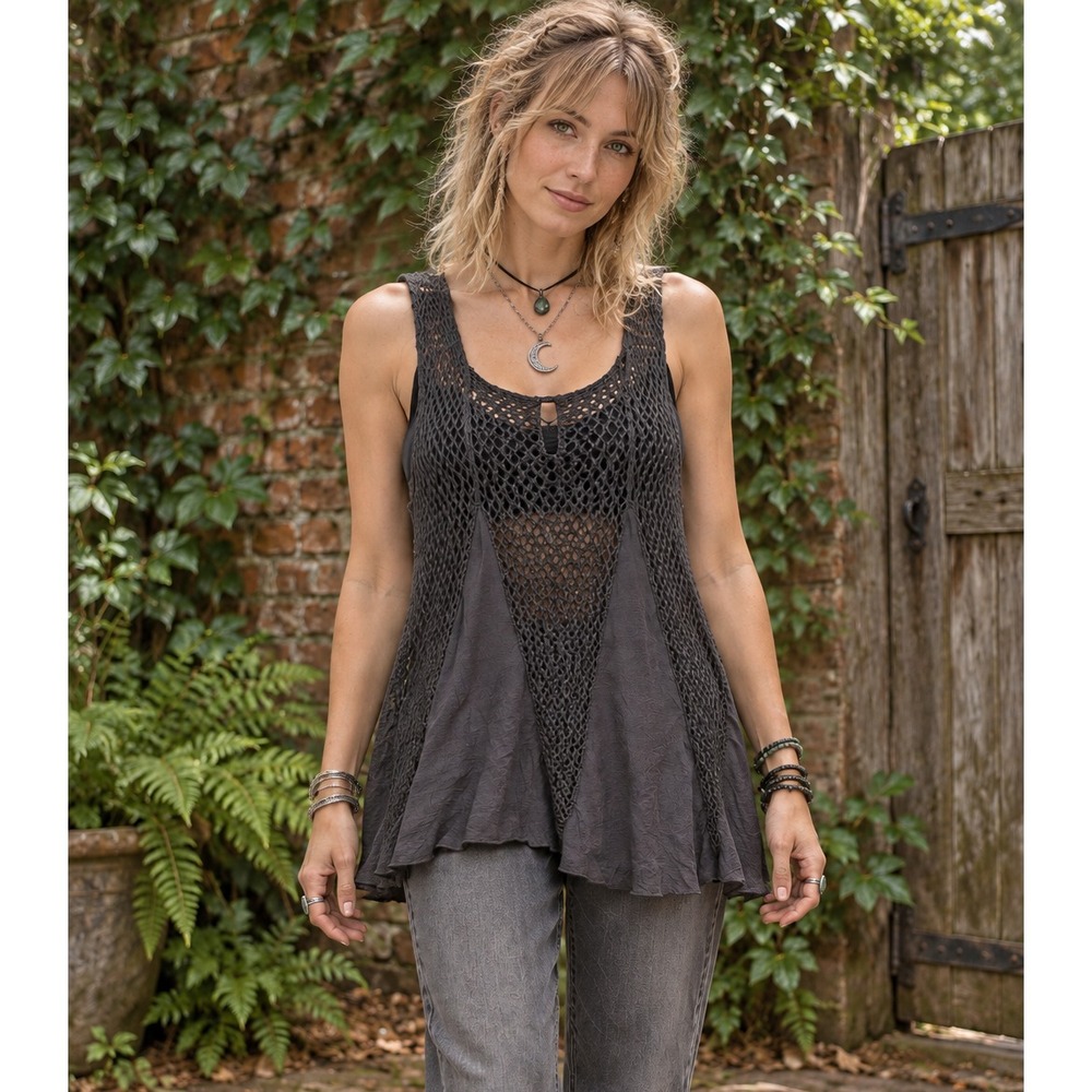 Shoreline Crochet Open Knit Tunic Tank S/M Black Fairy Grunge Goth Mermaid Top